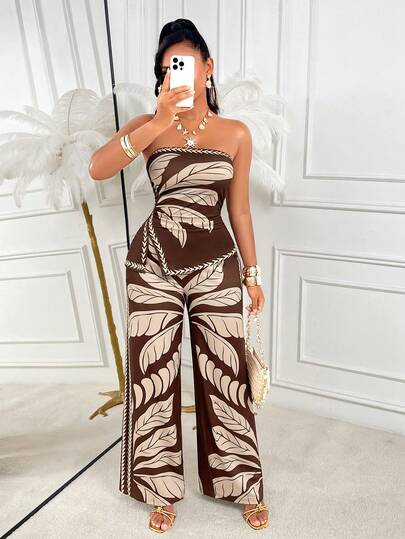 AIJ Amarilo 女士棕色叶子花卉波西米亚风优雅休闲无肩带侧边褶皱荷叶边上衣和高腰阔腿裤套装，春夏海滩度假派对毕业典礼假日两件套