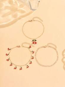 3pcs/Set Summer Sweet Cherry Pendant Anklet, Cute Cherry Tassel Foot Jewelry Set, Fashionable For Daily Casual, Beach, Party, Date Wear. Handmade Adjustable Length And Cherry Quantity - Multicolor - View 3