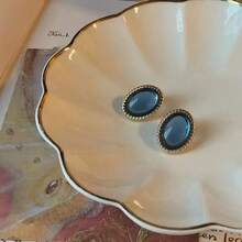 一对椭圆形几何合金耳环，极简风格 - 寶藍色 - 查看 5