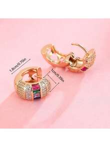 1 Pair Fashionable Round Earrings For Women, Inlaid With Shiny Colorful Zirconia Stones, Suitable For Weddings And Parties - Hoop Earrings - View 3