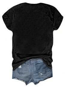 T-Shirt Mit Rundhalsausschnitt Im Western-Stil Und Buchstabenprint, Kurzärmeliges Freizeit- Und Urlaubstop Für Damen, Damenbekleidung - Black - View 2