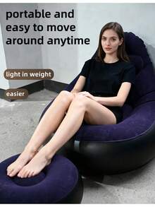 1pc New Inflatable Slouchy Sofa, Foldable Recliner Chair, Camping Outdoor Travel With Footrest Combination, Flocked Fabric Sofa Bed - Multicolor - View 6