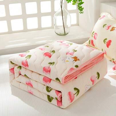 1pc Skin-Friendly Minimalist Plaid + Floral Quilted Wide-Edge Summer Quilt, Soft & Fine, Moisture-Wicking & Breathable, Minimalist & Elegant, Fashion Air Conditioning Quilt, Lightweight & Breathable Summer Quilt