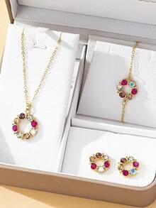Women's Colorful Rhinestone Jewelry Set (4-Piece Set), Fashionable And Individual, Elegant And Chic, Hollow Round Pendant Necklace, Earrings, Bracelet - Multicolor - View 1