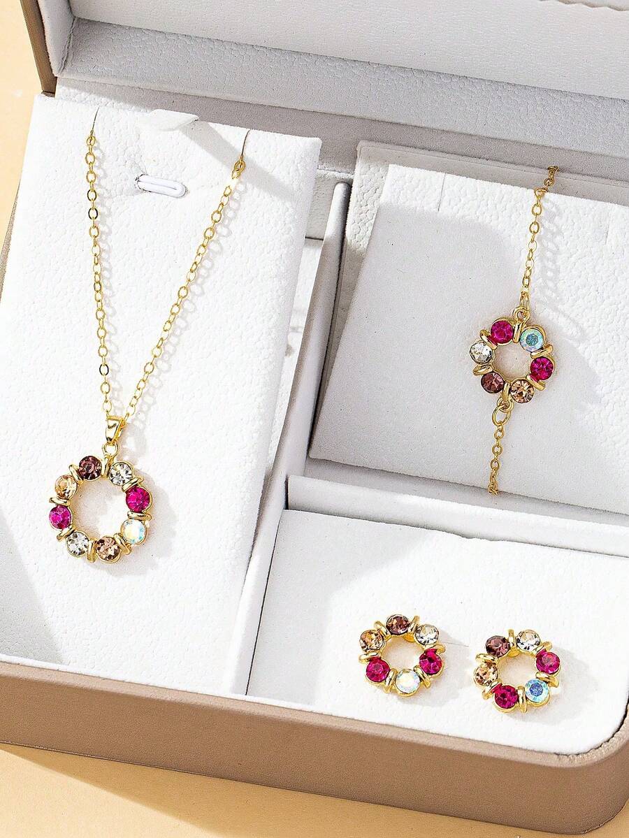 Women's Colorful Rhinestone Jewelry Set (4-Piece Set), Fashionable And Individual, Elegant And Chic, Hollow Round Pendant Necklace, Earrings, Bracelet - Multicolor - View 1