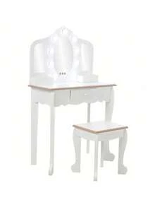 Escritorio de vanidad de niños con luz y taburete, Juego de vanidad de niñas con espejo, cajón y juego de maquillaje fingido, escritorio de maquillaje de la princesa de madera, mesa de vestir de estudio, vanidad del niño pequeño - Blanco - Ver 3