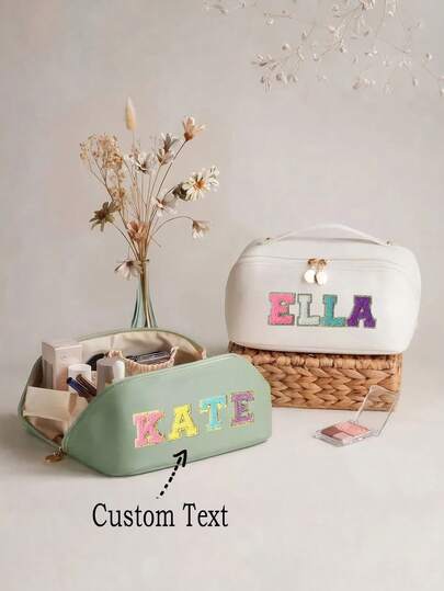 Túi đựng mỹ phẩm bằng da thêu họa tiết chenille cá nhân hóa, quà tặng Ngày của Mẹ cho phái nữ, hộp đựng đồ dùng vệ sinh cá nhân cỡ lớn dành cho cô dâu và phù dâu.