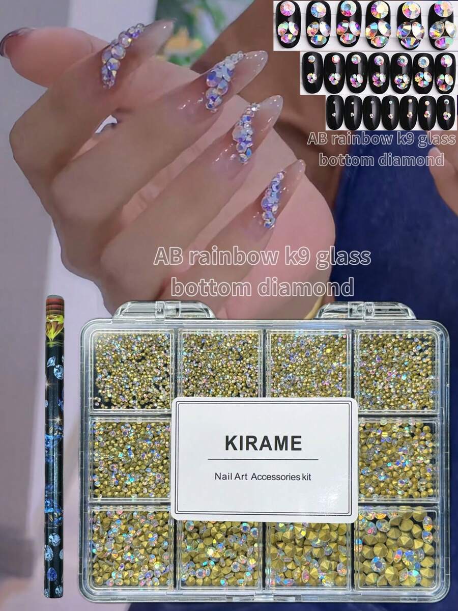 KIRAME 3600颗AB尖底水钻，K9玻璃圆钻，1.3-6.4mm混合尺寸美甲装饰套装，包含1支点钻笔，适用于DIY美甲、美甲沙龙、美甲用品、圣诞美甲、新年节日礼物