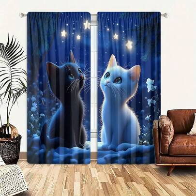 2 PIEZAS Cortinas con estampado de gatitos en blanco y negro, escena soñadora del bosque nocturno con estrellas brillantes y acentos florales, diseño de dibujos animados de animales lindos, 100% poliéster con bolsillo para barra, sin forro, ideal para la habitación de los niños, dormitorio y decoración de la guardería