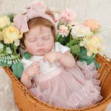 Cloveray Gentle And Tranquil Reborn Baby Doll, Realistic Rooted Hair Soft And Natural, High-Quality Painting Technique Reproduces Delicate Baby Skin Texture And Expression. Wearing A Big Bow Headband, Layered Pink Tulle Princess Dress With Lace Trim And Fresh Floral Patterns, Peaceful And Cute Sleeping Pose. Made Of Soft Vinyl Material With Warm And Realistic Touch, Serves As A Comforting Companion Doll For Children, Healing Home Decor, And Premium Collectible Item For Doll Enthusiasts. A Meaningful Gift For Kids Or Collectors. - Baby Pink - View 6