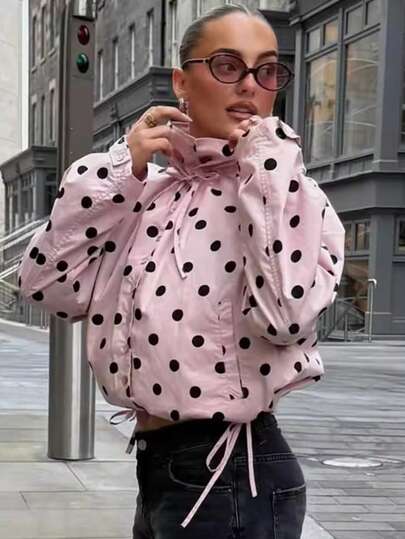 Áo khoác ngắn chấm bi thời trang cho nữ, áo khoác dài tay màu hồng thanh lịch cho mùa xuân, áo khoác ngoài công sở thường ngày cho nữ.