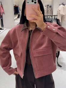 TRAFZA Spring Elegant Casual Pink Rose Velvet Jacket With Faux Leather Collar - Dusty Rose - View 4