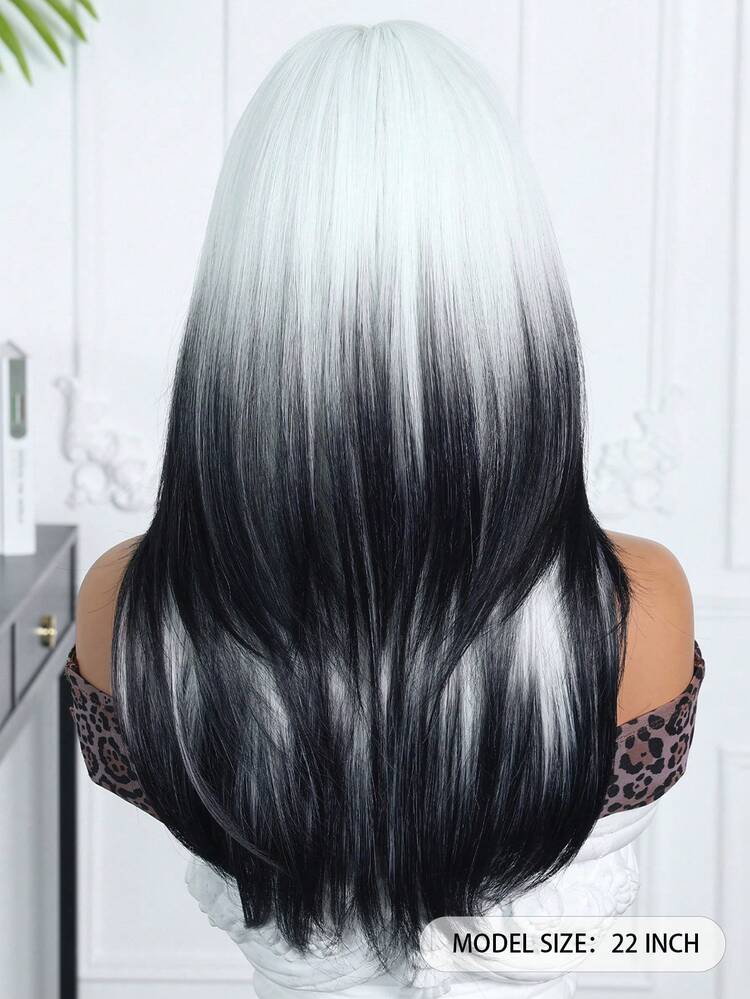 22Inch Long Straight Layered Wig With Bangs Heat Resistant Black White Ombre Wig Make Natural Looking Wigs For Women Party Cospaly Curella Halloween Wig And Daily Used,Gifts And Giveaways,School Homecoming Season,Gifts For Women,Eid Gifts - Black Highlight - View 5
