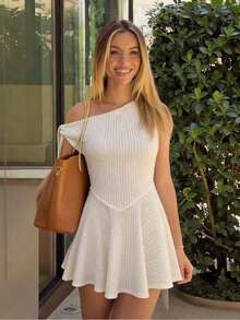 HoloChill Women's Casual Beach Vacation White Textured Asymmetric Neck Tie-Waist Short Dress, Women's Beach Dress, Wedding Guest Party Dress, Birthday Dress, Elegant Dress, Vacation Dress, Casual Dress - White - View 4