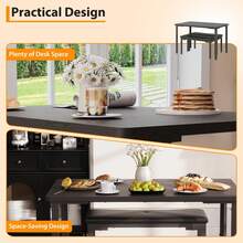 Juego de comedor para 4 personas, mesa de cocina de 3 piezas con 2 bancos, mesa de desayuno estilo rústico de 110 cm con estructura metálica, ideal para espacios pequeños. Color negro - Negro - Ver 4
