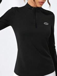 Camiseta deportiva para mujer con agujero para el pulgar, top de yoga de manga larga con media cremallera, camiseta deportiva sin costuras con tela suave y elástica, estampado con agujero para el pulgar, apta para yoga, pilates, fitness, running y entrenamiento, de alta elasticidad y piel amigable, color negro, primavera - Negro - Ver 3