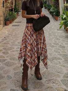 春夏女式高腰不对称格子A字裙，休闲日常穿搭，复古休闲度假裙 - 彩色 - 查看 2