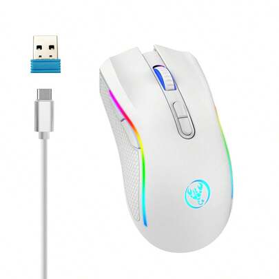 فأرة لاسلكية HXSJ 2.4G، قابلة للشحن عبر USB، إضاءة RGB، فأرة ألعاب وللمكتب بتقنية بصرية، باللون الأسود/الأبيض