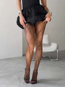 1 Pair Women's Floral Lace Tights/Stockings, Fishnet Stockings, High Waist Slimming Tight Fit, Plus Size, Suitable For Various Occasions - 咖啡棕 - 查看 6