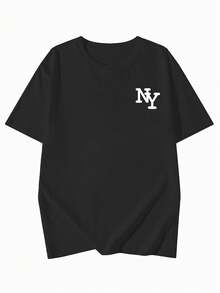 2026夏季新款女士黑色个性化字母印花休闲宽松百搭短袖T恤，学生/上班通勤时尚 - 黑色 - 查看 4