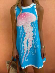 Women's Casual Vacation Style Jellyfish Print Sleeveless Slip Dress, Spring/Summer Elegant - Multicolor - View 3
