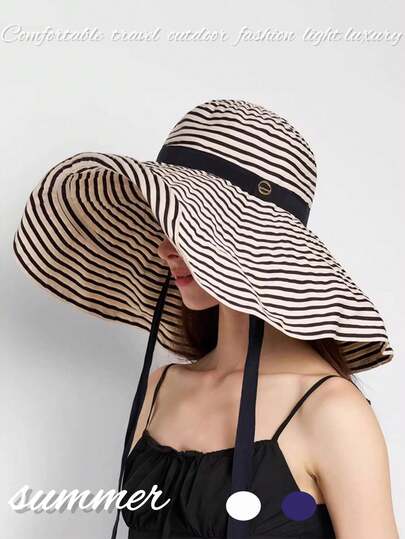 1pc Wide Brim Fashionable Striped Bucket Hat, Women Summer Beach Casual Sun Protection Hat