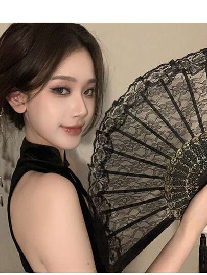 مروحة ريشية سوداء قابلة للطي، مروحة زخرفية بالطراز الصيني التقليدي