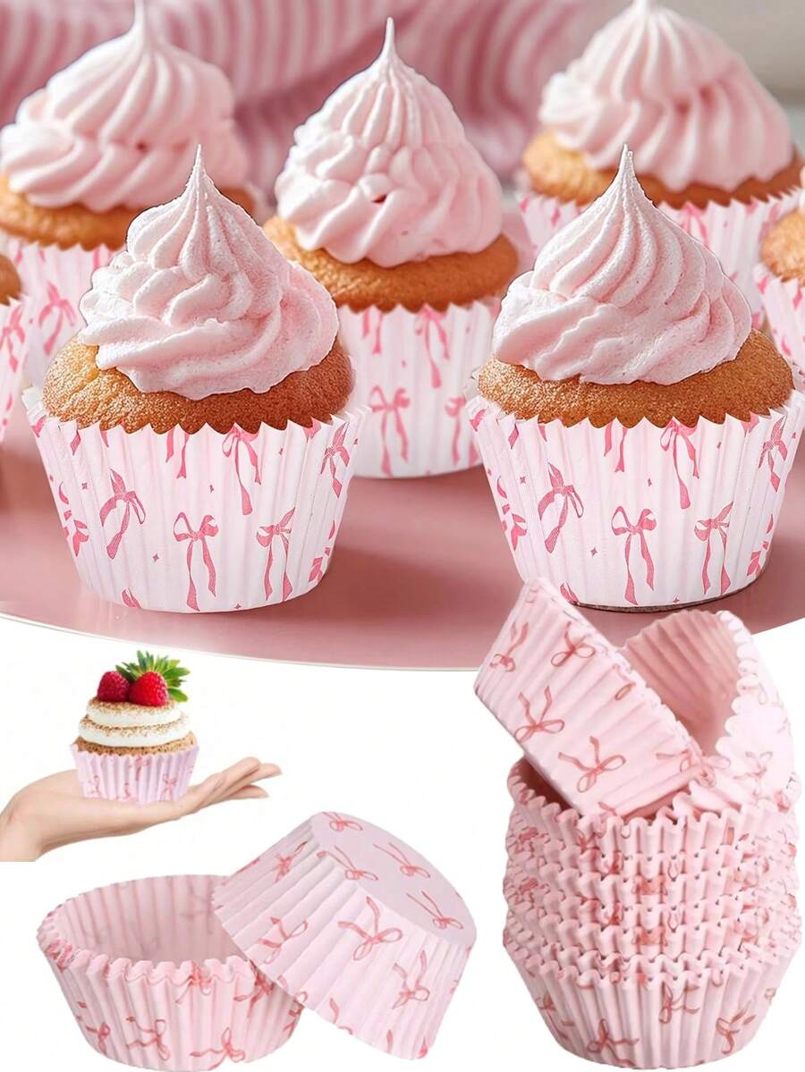 100pcs Pink Bow Cupcake Liners, Bow Cupcake Wrappers For Baking, Bow Ribbon Cake Decorations, Birthday Cake Decor, Bachelorette Party, Bridal Shower, Birthday, Wedding Party Supplies - Multicolor - View 1
