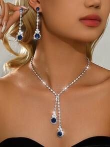 Bộ 3 dây chuyền pha lê kiểu tua rua giọt nước thời trang dành cho cô dâu và nữ, bộ trang sức thanh lịch phù hợp cho đám cưới, váy dạ hội cao cấp và các buổi tiệc sang trọng. - Hoa tai + Dây chuyền - Xem 13