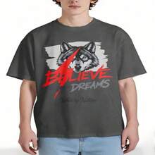 Camiseta de Manga Corta 100% Algodón con Estampado de Cabeza de Lobo y Rayo, Estilo Callejero Americano Vintage, Creer en Tus Sueños, Salvaje por Naturaleza, Top Holgado Casual - Negro - Ver 7