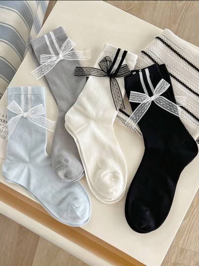 1 Pair Of Sports Ballet Style Socks Spring Summer Sweet Lace Bow Striped Mid-Calf Socks Girlish Academy Style Double-Stripe Versatile Women's Socks Sporty And Easy To Match