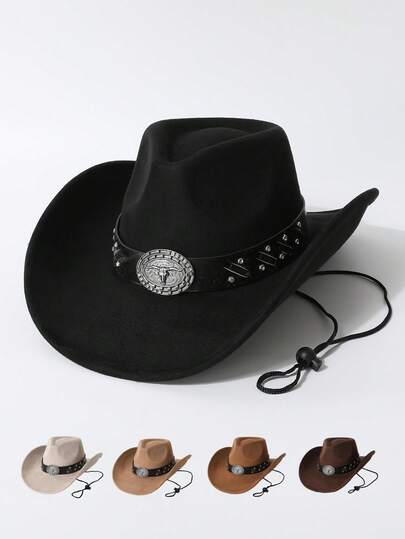 1顶男女通用牛仔帽，独特牛头水钻腰带遮阳帽，新款复古赛博朋克风格时尚可调节宽檐帽，街头风造型，男士礼物，适合派对、西部主题活动、聚会、角色扮演、毕业典礼、化装舞会、节日、生日、音乐节、徒步旅行等场合。