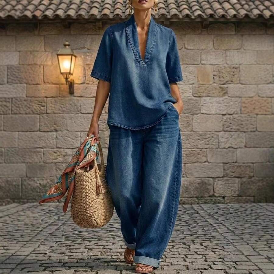2026 European And American Summer New Women's Loose Casual Solid Color Comfortable Minimalist Denim Two-Piece Set,Trajes Elegantes De Mujer,Conjunto De Dos Piezas Mujer - Màu xanh lam - Xem 1