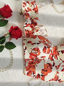 Orange Floral Print Ruffle Strap Corset Top - Orange - View 3