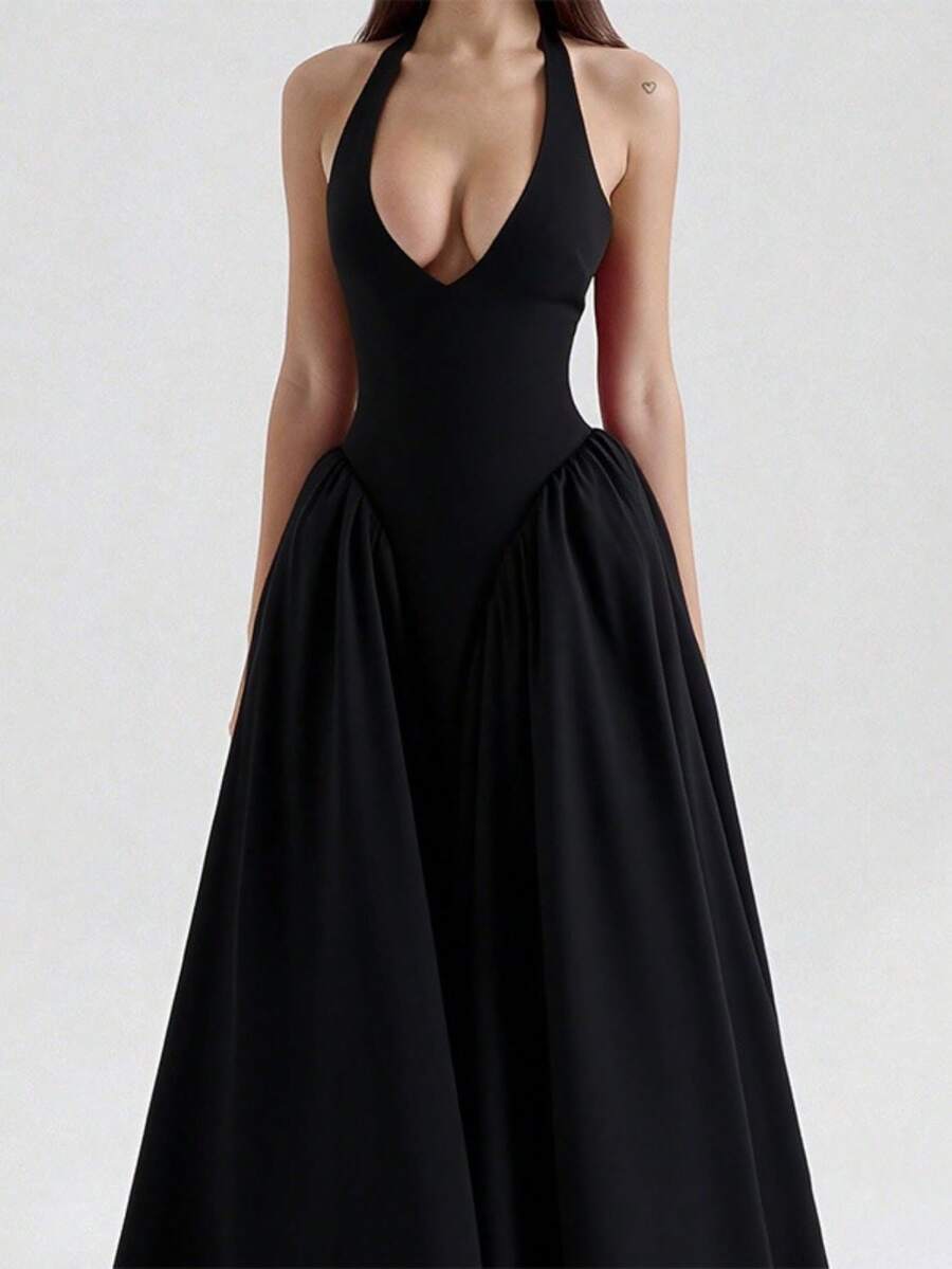 Women's Neck Hanging V-Neck Long Skirt Solid Color Pleated Dress - màu đen - Xem 1