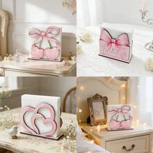 1/3pcs Cute Pink Cherry Heart Bow Print Wooden Napkin Tissue Box, Napkin Holder, Paper Towel Clip, Independent Desktop Centerpiece Decor, Suitable For Kitchen, Dining Table, Bedroom, Nightstand, Dorm, Wedding, Modern Home Decor - Multicolor - View 1