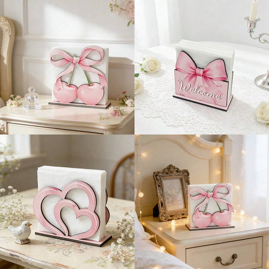 1/3pcs Cute Pink Cherry Heart Bow Print Wooden Napkin Tissue Box, Napkin Holder, Paper Towel Clip, Independent Desktop Centerpiece Decor, Suitable For Kitchen, Dining Table, Bedroom, Nightstand, Dorm, Wedding, Modern Home Decor - Multicolor - View 1