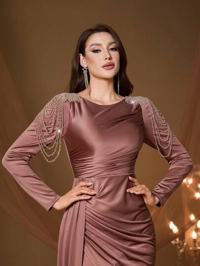 Vestido largo de satén marrón rosa estilo sirena Mgiacy para mujer, vestido de invitada de boda de verano con cadena de hombro con cristales, manga larga, cintura fruncida, abertura alta y longitud hasta el suelo para noche, cena, fiesta, vacaciones