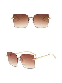 1pc European And American Personalized Square Frameless Edged Fashion Fashion Glasses, High-End Street Style Versatile Glasses For Women - Gold-framed Gradient Tea Leaves - View 3