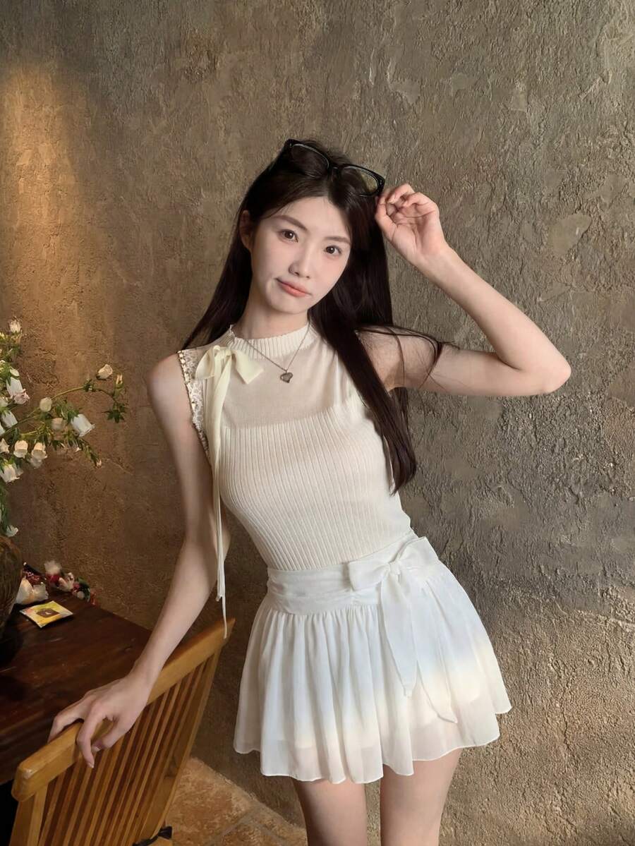 纯白色高腰A字迷你裙，版型修身，日常百搭 - 白色 - 查看 1