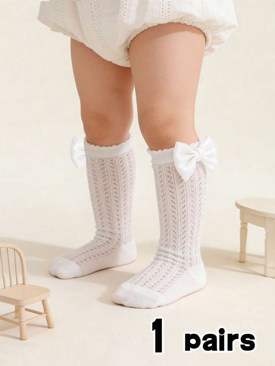 1双棉质透气网眼女童袜，带蝴蝶结装饰，柔软中筒袜