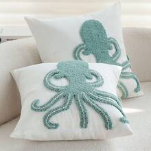 1pc 45x45cm Canvas Ocean Style Decorative Throw Pillow Cover, With Plush Octopus Pattern, Suitable For Sofa, Bedroom, Living Room, Summer Ocean-Themed Home Decor Cushion Cover (Inner Pillow Not Included) - Blue - View 4