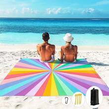 1pc 185*235CM Colorful Line Geometric Striped Pattern Printed Waterproof Anti-Sand Large Beach Blanket, Suitable For 2-3 People Leisure Beach Vacation, Lightweight Thin Durable Outdoor Camping Picnic Mat - B - View 1