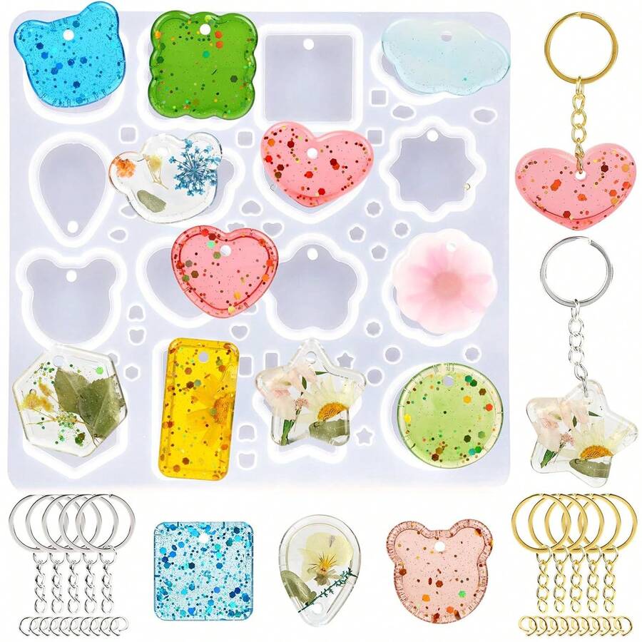 1 khuôn làm móc khóa nhựa, khuôn silicon 16 ô làm móc khóa nhựa (kèm 10 phụ kiện móc khóa), dùng để làm móc khóa, vòng cổ, mặt dây chuyền bằng nhựa epoxy. - Màu trắng sữa/silicone - Xem 1