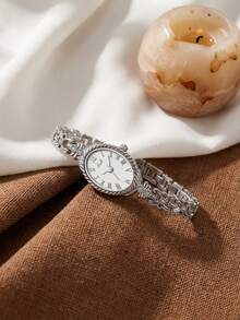 1-Piece Women's Watch: Roman Numeral Dial, Gold Strap, Retro-Chic Style, Quartz Movement With Diamond-Studded Bracelet Accents, Oval Bracelet-Style Watch, Perfect For Everyday Wear - Silver - View 12