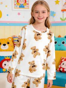 2pcs Tween Girl Pajama Set, Cute Bear Cartoon Pattern, Round Neck Long Sleeve Top And Pants, Flame Retardant Knit Fabric, Can Be Worn Outerwear, Suitable For All Seasons, Unisex For Boys And Girls - White - View 6