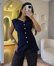 Women's Premium Modal Tailored Vest For Summer With Gold Buttons, , Chic, Luxurious, Stylish Knit By Moura Tricot - 藏蓝色 - 查看 2