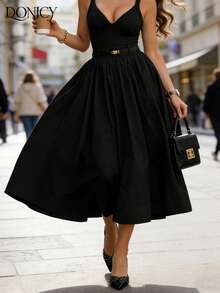 DONICY 女士纯黑色高腰长裙，优雅弹力腰A字裙摆，适合春夏日常穿着及度假 - 黑色 - 查看 1