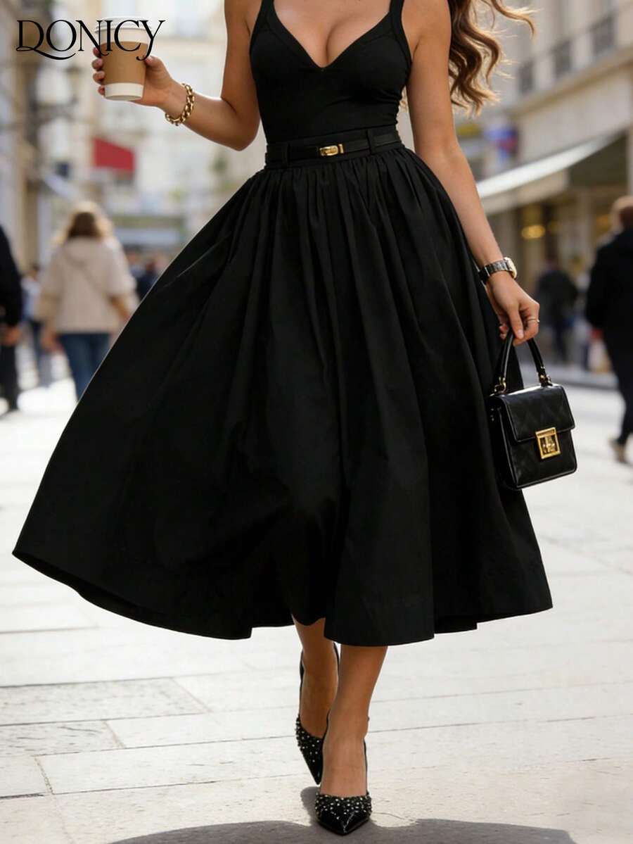 DONICY 女士纯黑色高腰长裙，优雅弹力腰A字裙摆，适合春夏日常穿着及度假 - 黑色 - 查看 1
