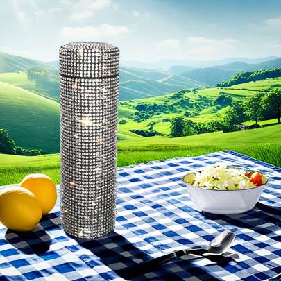 Botella de agua de acero inoxidable aislada al vacío de 24 onzas con decoración de cristal brillante - Vaso de viaje colorido apto para agua, té helado, café, batidos, botella aislada reutilizable de doble pared, conveniente para actividades al aire libre y campamentos, gran regalo para vacaciones y cumpleaños